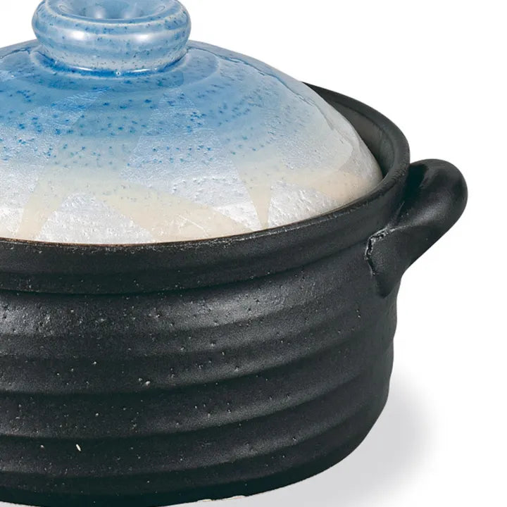 KUTANI WARE RICE POT FOR 2 CUPS, SILVER DECORATIVE GLAZE IN BLUE, PREMIUM BOX