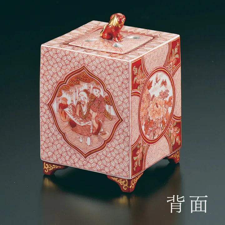 KUTANI WARE INCENSE BURNER “KANBAKU-ZU” HAND-PAINTED BY BUZAN FUKUSHIMA | WITH PAULOWNIA WOOD BOX (WITH RIBBON SLOTS)