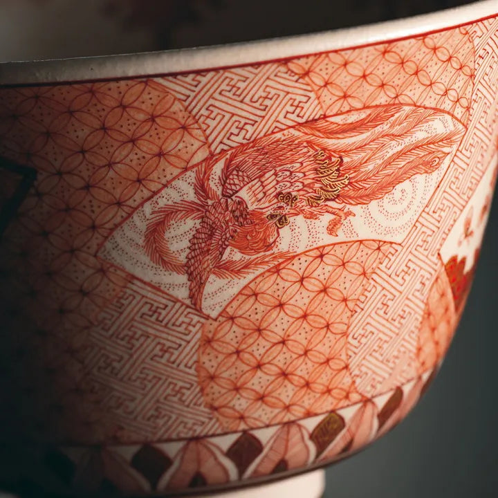 KUTANI WARE MATCHA BOWL “SENMEN CHIRASHI” (FAN MOTIF) – BUZAN FUKUSHIMA (WOODEN BOX WITH CORD)