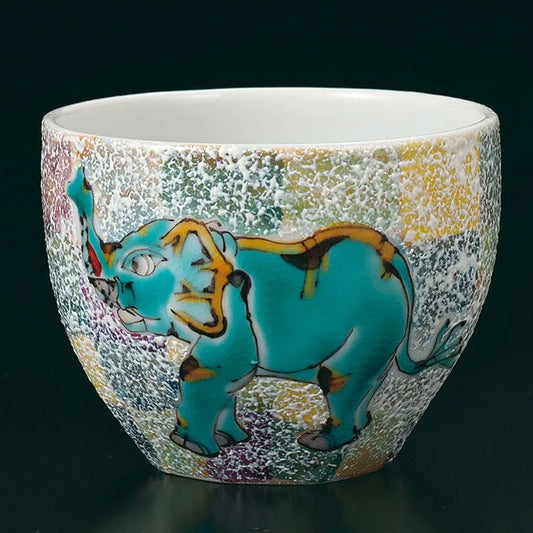 KUTANI WARE GUINOMI SAKE CUP – SACRED ELEPHANT DESIGN BY YASUSHI YAMACHIKA, WOODEN BOX INCLUDED