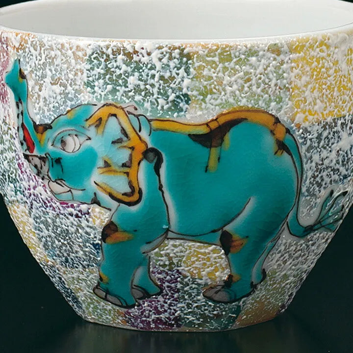 KUTANI WARE GUINOMI SAKE CUP – SACRED ELEPHANT DESIGN BY YASUSHI YAMACHIKA, WOODEN BOX INCLUDED
