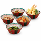 Set of five red and green patterned bowls with various Japanese dishes on a white background