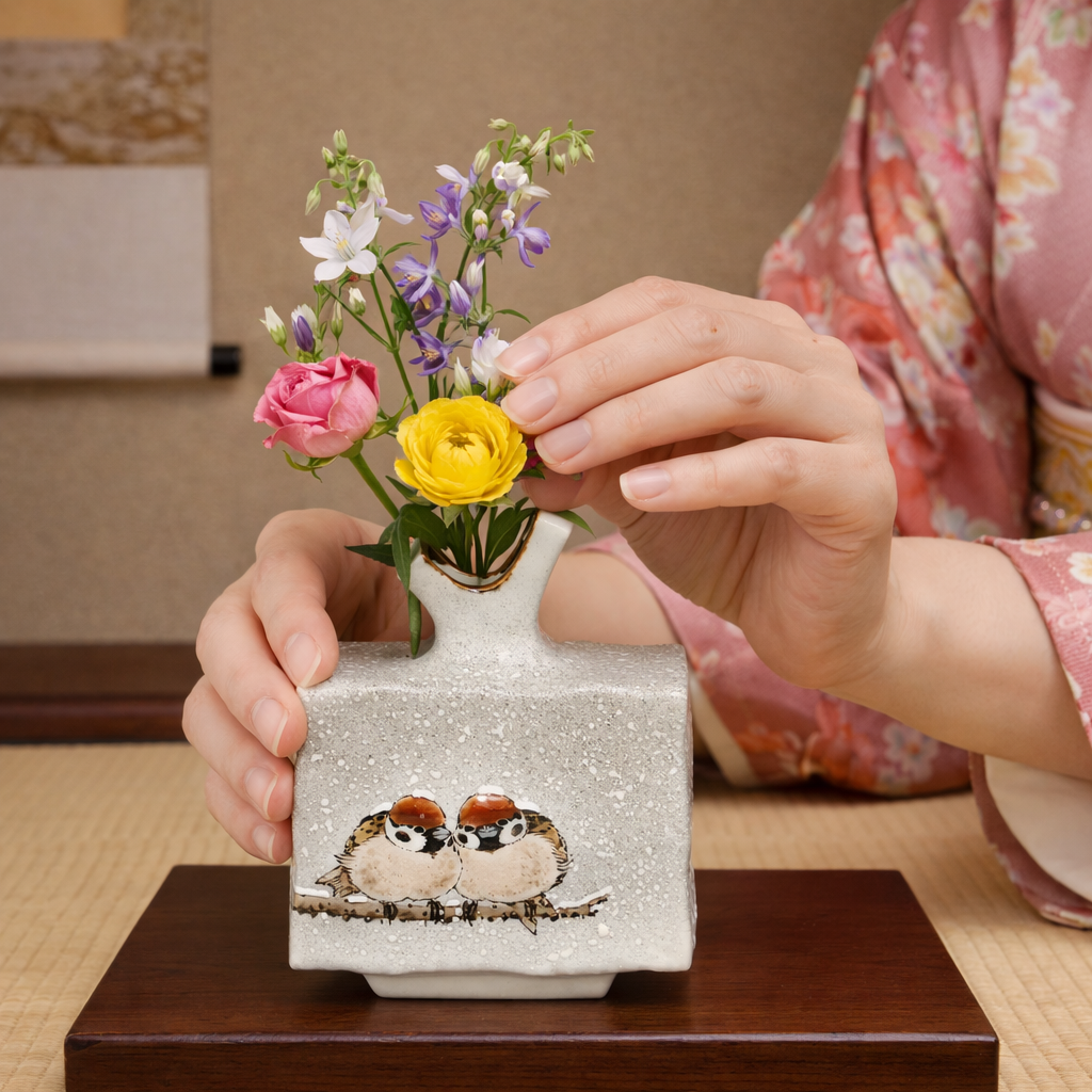 JAPANESE KUTANI DECORATIVE HENKO VASE – SNOW WITH TWIN SPARROWS MOTIF, COMPACT SIZE BY TOSHITO NAKAMURA