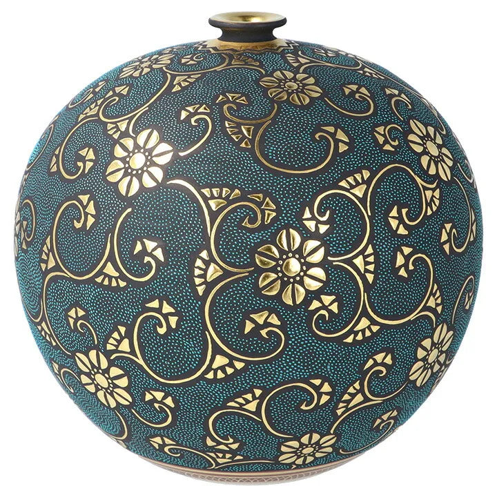 KUTANI WARE VASE MORIKIN KARAKUSA (GOLD ARABESQUE) WITH AOTSUBU BLUE DOTS BY KINGYOKU NAKADA