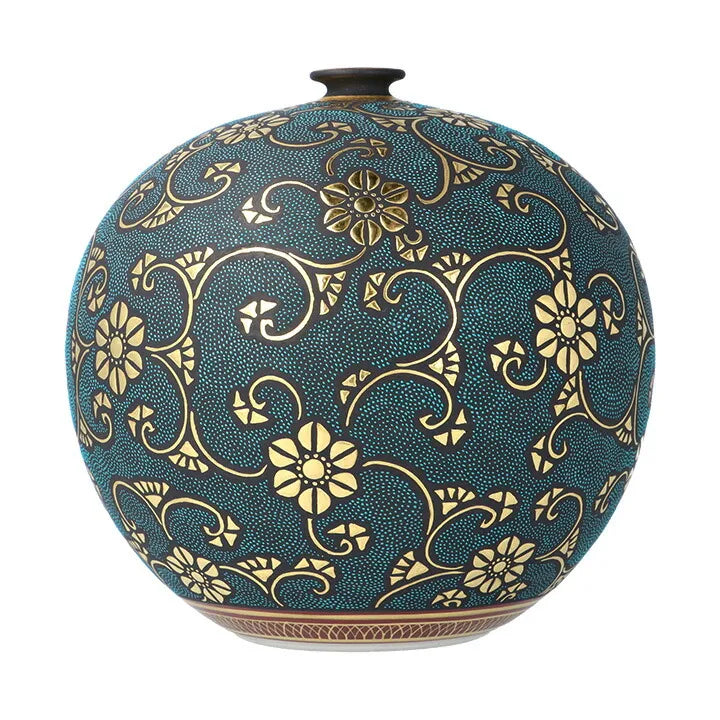 KUTANI WARE VASE MORIKIN KARAKUSA (GOLD ARABESQUE) WITH AOTSUBU BLUE DOTS BY KINGYOKU NAKADA