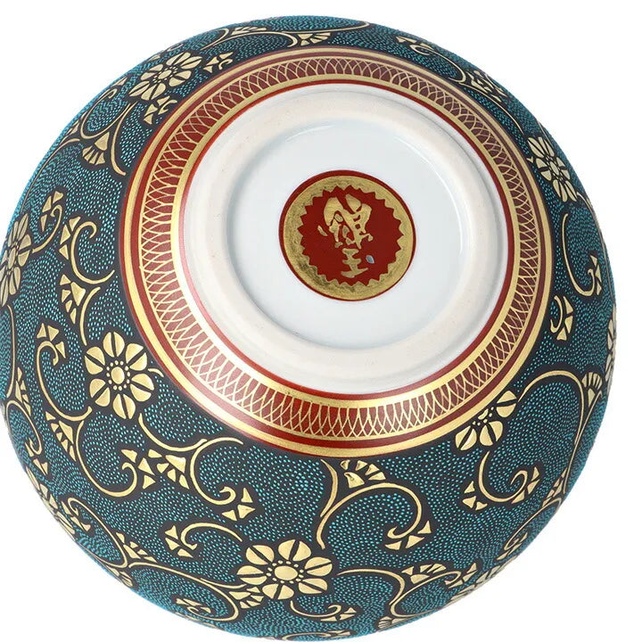 KUTANI WARE VASE MORIKIN KARAKUSA (GOLD ARABESQUE) WITH AOTSUBU BLUE DOTS BY KINGYOKU NAKADA