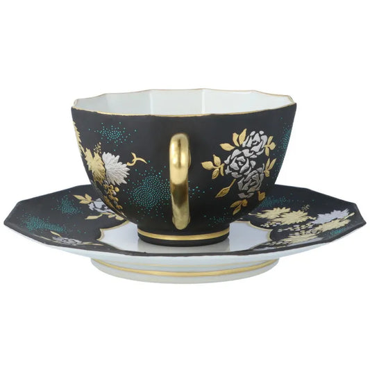 KUTANI WARE DODECAGONAL COFFEE CUP & SAUCER – SHIROGANE MORI GRAPE & ROSE DESIGN WITH AOTSUBU BLUE DOTS BY KINGYOKU NAKADA