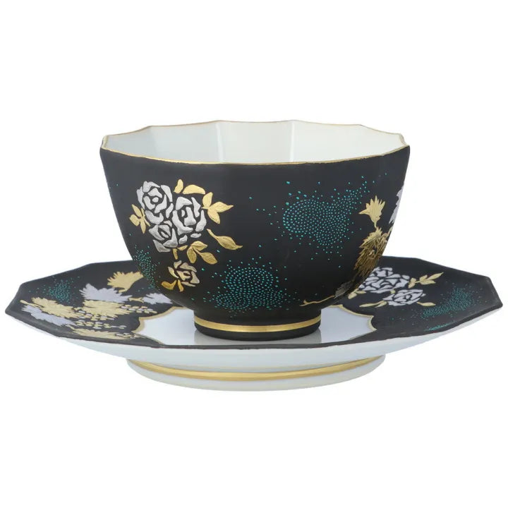 KUTANI WARE DODECAGONAL COFFEE CUP & SAUCER – SHIROGANE MORI GRAPE & ROSE DESIGN WITH AOTSUBU BLUE DOTS BY KINGYOKU NAKADA
