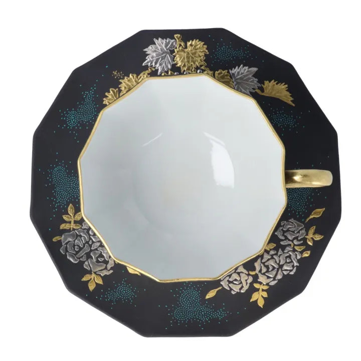 KUTANI WARE DODECAGONAL COFFEE CUP & SAUCER – SHIROGANE MORI GRAPE & ROSE DESIGN WITH AOTSUBU BLUE DOTS BY KINGYOKU NAKADA