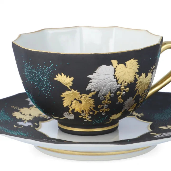 KUTANI WARE DODECAGONAL COFFEE CUP & SAUCER – SHIROGANE MORI GRAPE & ROSE DESIGN WITH AOTSUBU BLUE DOTS BY KINGYOKU NAKADA