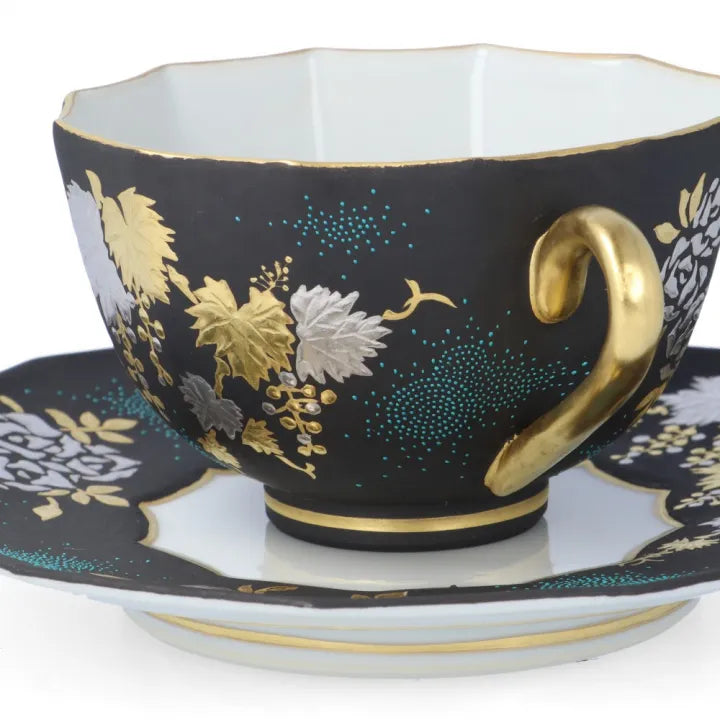 KUTANI WARE DODECAGONAL COFFEE CUP & SAUCER – SHIROGANE MORI GRAPE & ROSE DESIGN WITH AOTSUBU BLUE DOTS BY KINGYOKU NAKADA