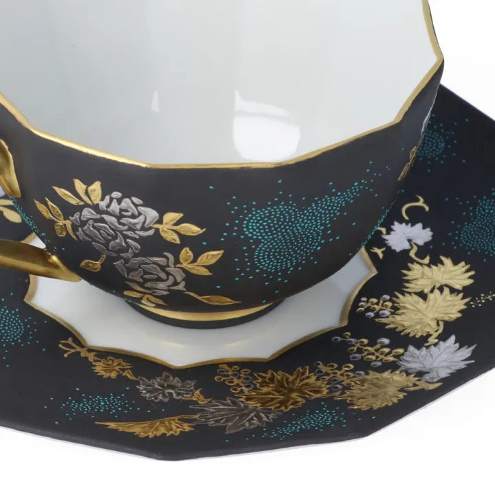 KUTANI WARE DODECAGONAL COFFEE CUP & SAUCER – SHIROGANE MORI GRAPE & ROSE DESIGN WITH AOTSUBU BLUE DOTS BY KINGYOKU NAKADA