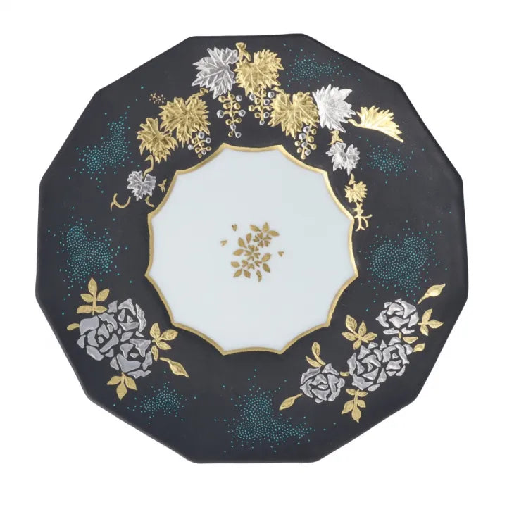 KUTANI WARE DODECAGONAL COFFEE CUP & SAUCER – SHIROGANE MORI GRAPE & ROSE DESIGN WITH AOTSUBU BLUE DOTS BY KINGYOKU NAKADA