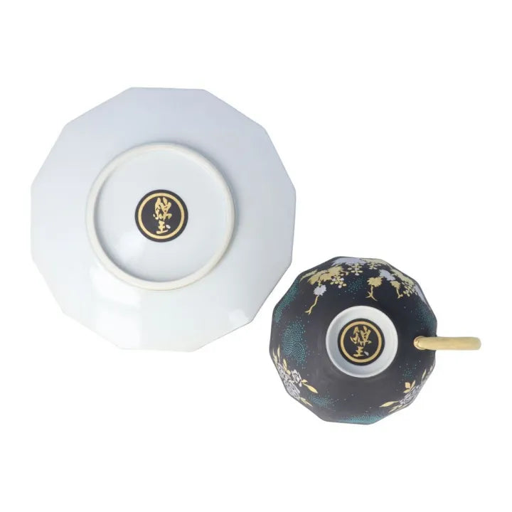 KUTANI WARE DODECAGONAL COFFEE CUP & SAUCER – SHIROGANE MORI GRAPE & ROSE DESIGN WITH AOTSUBU BLUE DOTS BY KINGYOKU NAKADA