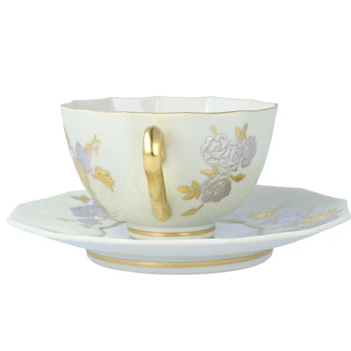 KUTANI WARE DODECAGONAL COFFEE CUP & SAUCER – SHIROGANE MORI GRAPE & ROSE DESIGN WITH WHITE DOT (SHIROCHIBU) BY KINGYOKU NAKADA