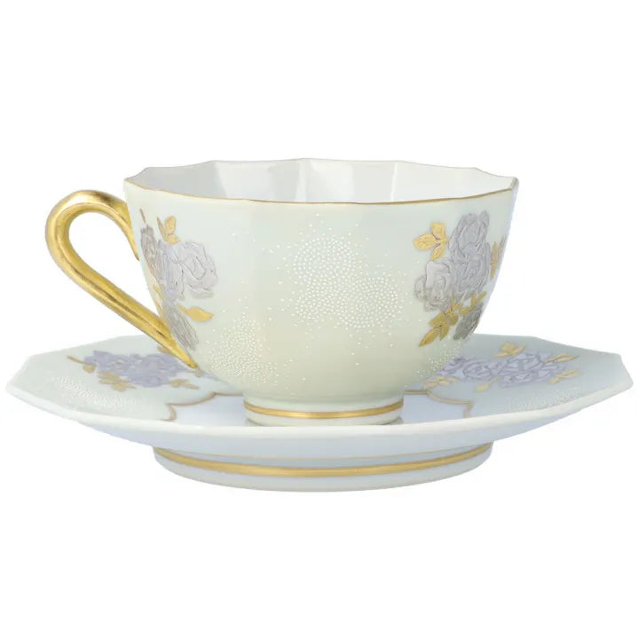 KUTANI WARE DODECAGONAL COFFEE CUP & SAUCER – SHIROGANE MORI GRAPE & ROSE DESIGN WITH WHITE DOT (SHIROCHIBU) BY KINGYOKU NAKADA