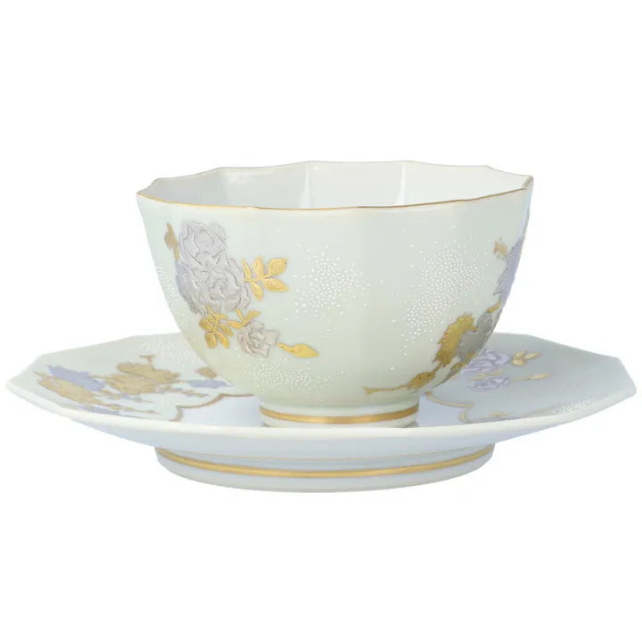 KUTANI WARE DODECAGONAL COFFEE CUP & SAUCER – SHIROGANE MORI GRAPE & ROSE DESIGN WITH WHITE DOT (SHIROCHIBU) BY KINGYOKU NAKADA