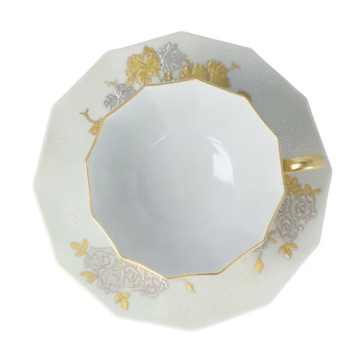 KUTANI WARE DODECAGONAL COFFEE CUP & SAUCER – SHIROGANE MORI GRAPE & ROSE DESIGN WITH WHITE DOT (SHIROCHIBU) BY KINGYOKU NAKADA