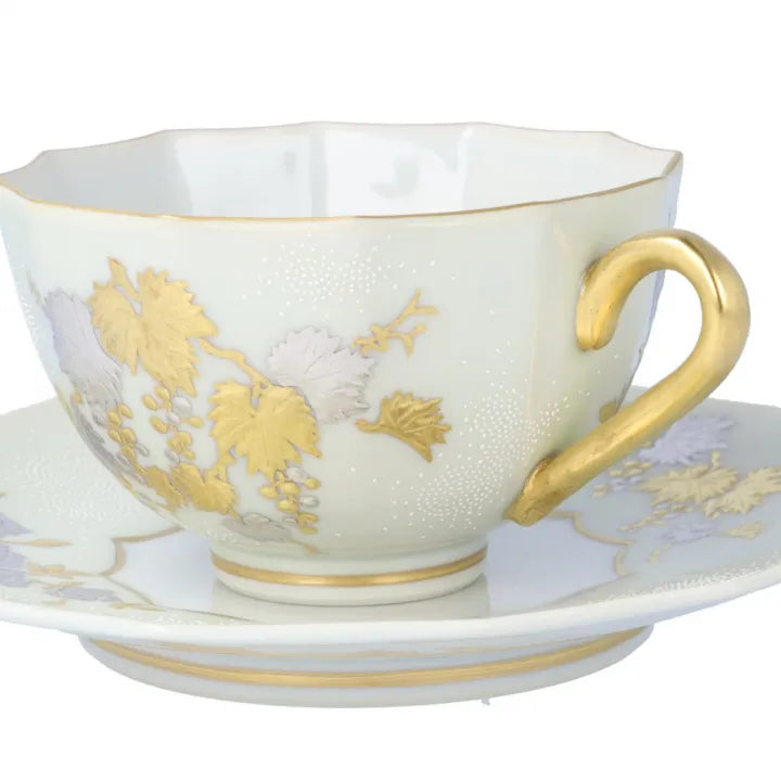 KUTANI WARE DODECAGONAL COFFEE CUP & SAUCER – SHIROGANE MORI GRAPE & ROSE DESIGN WITH WHITE DOT (SHIROCHIBU) BY KINGYOKU NAKADA