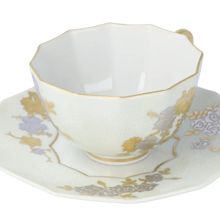 KUTANI WARE DODECAGONAL COFFEE CUP & SAUCER – SHIROGANE MORI GRAPE & ROSE DESIGN WITH WHITE DOT (SHIROCHIBU) BY KINGYOKU NAKADA