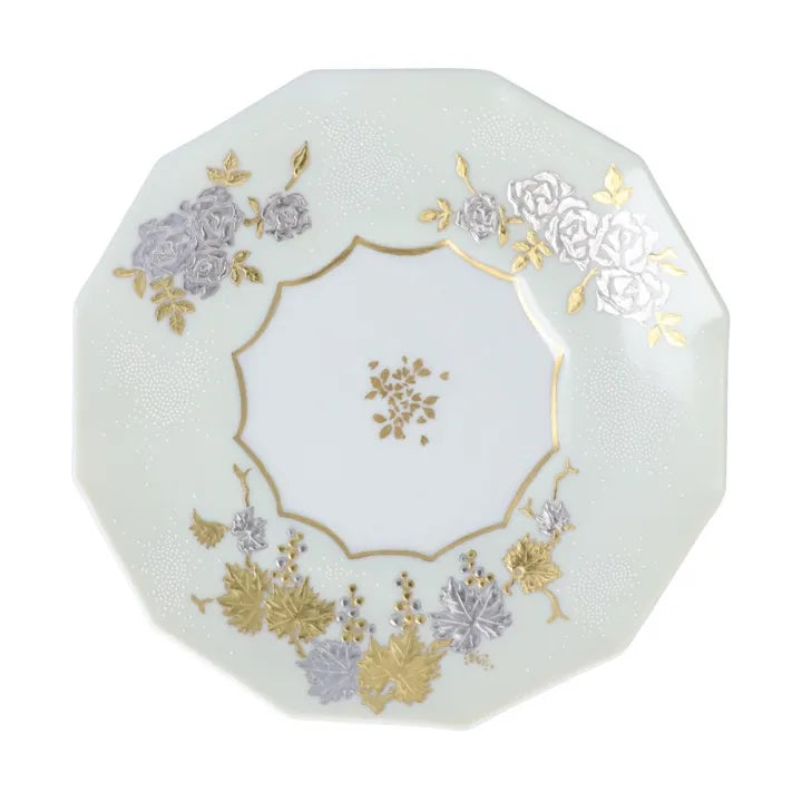 KUTANI WARE DODECAGONAL COFFEE CUP & SAUCER – SHIROGANE MORI GRAPE & ROSE DESIGN WITH WHITE DOT (SHIROCHIBU) BY KINGYOKU NAKADA