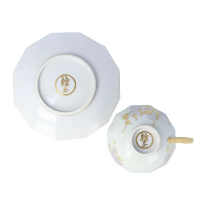 KUTANI WARE DODECAGONAL COFFEE CUP & SAUCER – SHIROGANE MORI GRAPE & ROSE DESIGN WITH WHITE DOT (SHIROCHIBU) BY KINGYOKU NAKADA