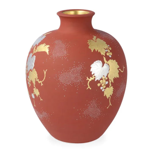 KUTANI WARE VASE – PLATINUM GRAPE DESIGN WITH WHITE DOTS ON VERMILION GROUND BY NAKATA KINGYOKU (PAULOWNIA WOOD BOX INCLUDED)