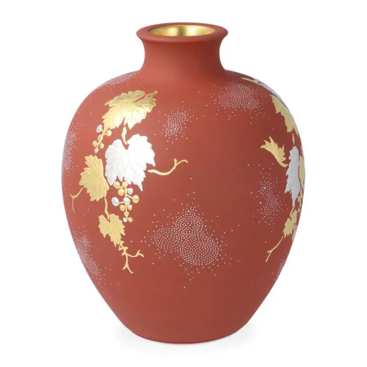 KUTANI WARE VASE – PLATINUM GRAPE DESIGN WITH WHITE DOTS ON VERMILION GROUND BY NAKATA KINGYOKU (PAULOWNIA WOOD BOX INCLUDED)