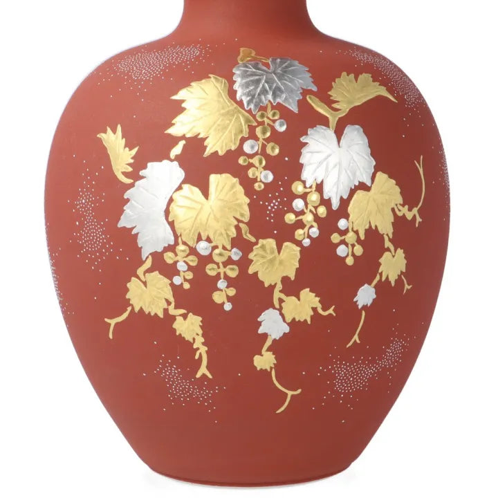 KUTANI WARE VASE – PLATINUM GRAPE DESIGN WITH WHITE DOTS ON VERMILION GROUND BY NAKATA KINGYOKU (PAULOWNIA WOOD BOX INCLUDED)