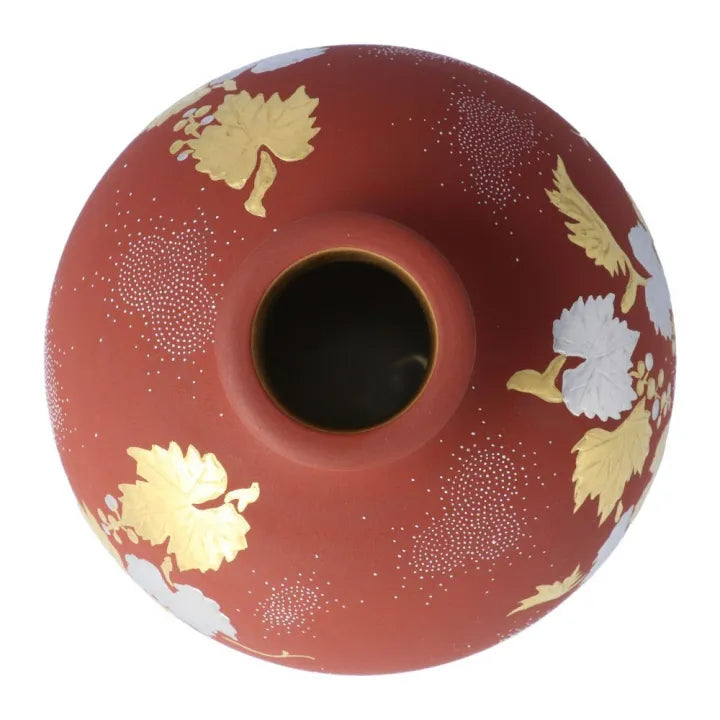KUTANI WARE VASE – PLATINUM GRAPE DESIGN WITH WHITE DOTS ON VERMILION GROUND BY NAKATA KINGYOKU (PAULOWNIA WOOD BOX INCLUDED)
