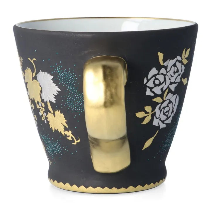 KUTANI WARE HANDLE CUP – SHIROGANE MORI GRAPE DESIGN WITH AOCHIBU BLUE DOTS BY KINGYOKU NAKADA