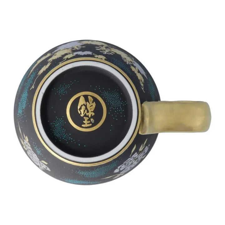 KUTANI WARE HANDLE CUP – SHIROGANE MORI GRAPE DESIGN WITH AOCHIBU BLUE DOTS BY KINGYOKU NAKADA
