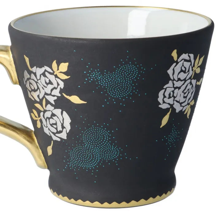 KUTANI WARE HANDLE CUP – SHIROGANE MORI GRAPE DESIGN WITH AOCHIBU BLUE DOTS BY KINGYOKU NAKADA