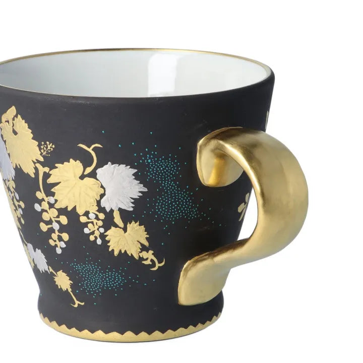 KUTANI WARE HANDLE CUP – SHIROGANE MORI GRAPE DESIGN WITH AOCHIBU BLUE DOTS BY KINGYOKU NAKADA