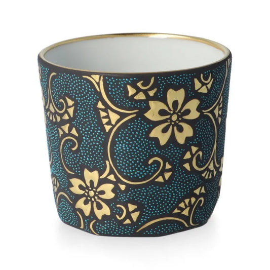 KUTANI WARE JAPANESE SAKE CUP (STRAIGHT STYLE) – MORIKIN SAKURA & KARAKUSA DESIGN WITH AOCHIBU BLUE DOTS BY KINGYOKU NAKADA