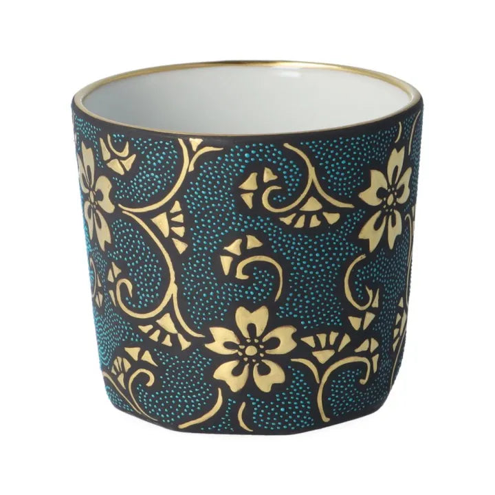 KUTANI WARE JAPANESE SAKE CUP (STRAIGHT STYLE) – MORIKIN SAKURA & KARAKUSA DESIGN WITH AOCHIBU BLUE DOTS BY KINGYOKU NAKADA