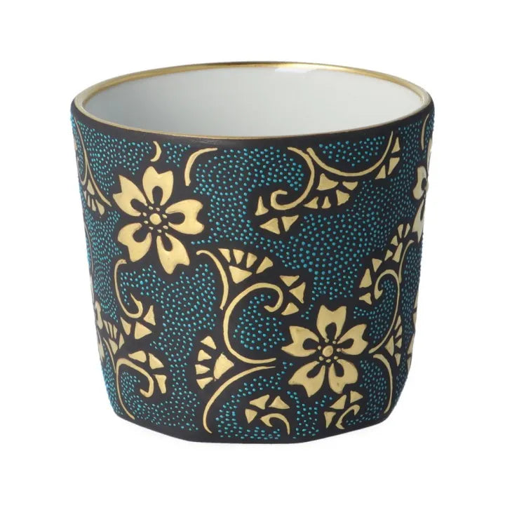 KUTANI WARE JAPANESE SAKE CUP (STRAIGHT STYLE) – MORIKIN SAKURA & KARAKUSA DESIGN WITH AOCHIBU BLUE DOTS BY KINGYOKU NAKADA