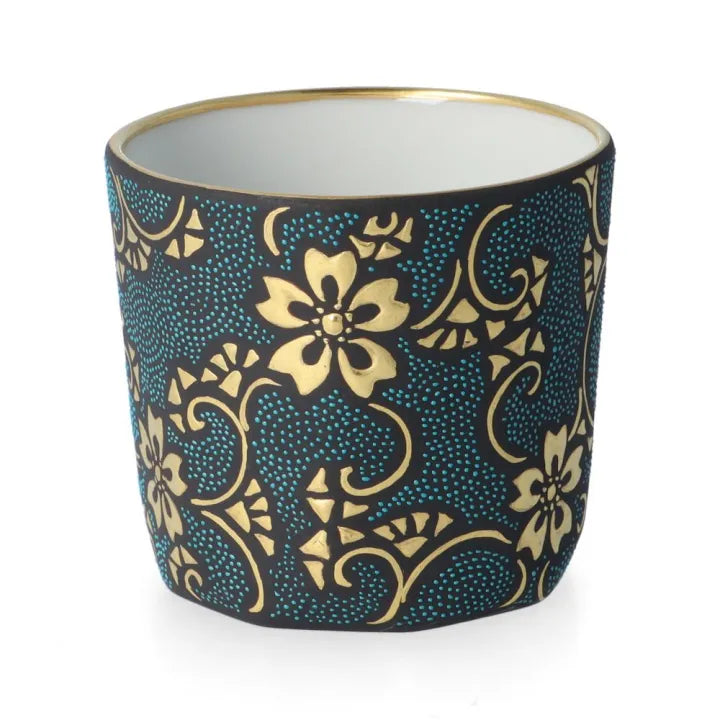 KUTANI WARE JAPANESE SAKE CUP (STRAIGHT STYLE) – MORIKIN SAKURA & KARAKUSA DESIGN WITH AOCHIBU BLUE DOTS BY KINGYOKU NAKADA