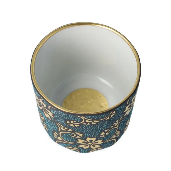 KUTANI WARE JAPANESE SAKE CUP (STRAIGHT STYLE) – MORIKIN SAKURA & KARAKUSA DESIGN WITH AOCHIBU BLUE DOTS BY KINGYOKU NAKADA
