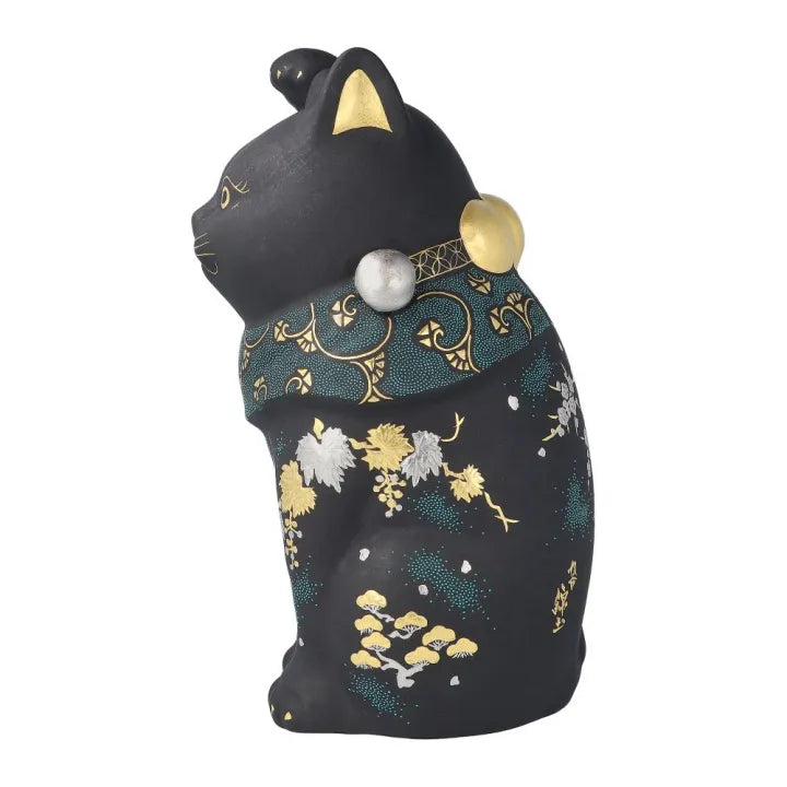 JAPANESE KUTANI WARE LUCKY CAT SHIROGANE-MORI GRAPE DESIGN WITH AOCHIBU /KINGYOKU NAKADA