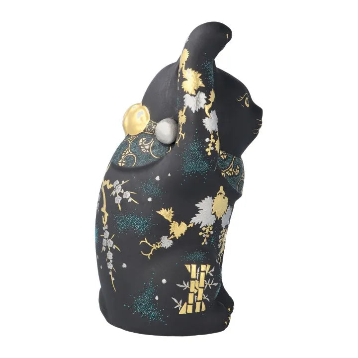 JAPANESE KUTANI WARE LUCKY CAT SHIROGANE-MORI GRAPE DESIGN WITH AOCHIBU /KINGYOKU NAKADA