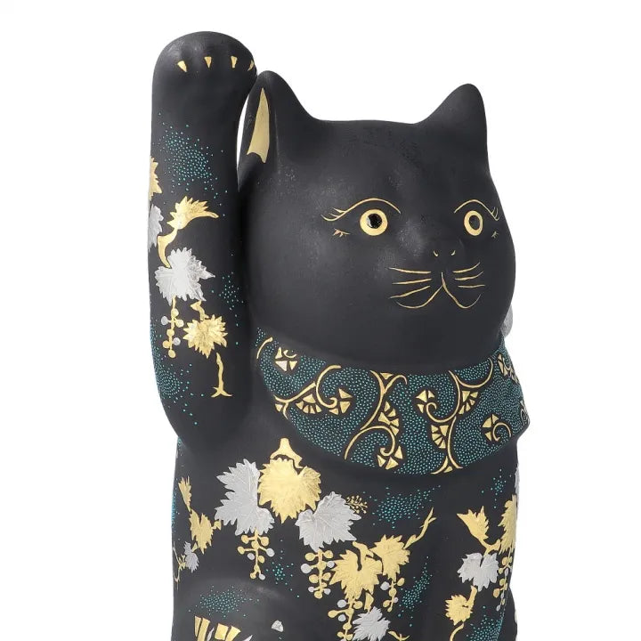 JAPANESE KUTANI WARE LUCKY CAT SHIROGANE-MORI GRAPE DESIGN WITH AOCHIBU /KINGYOKU NAKADA