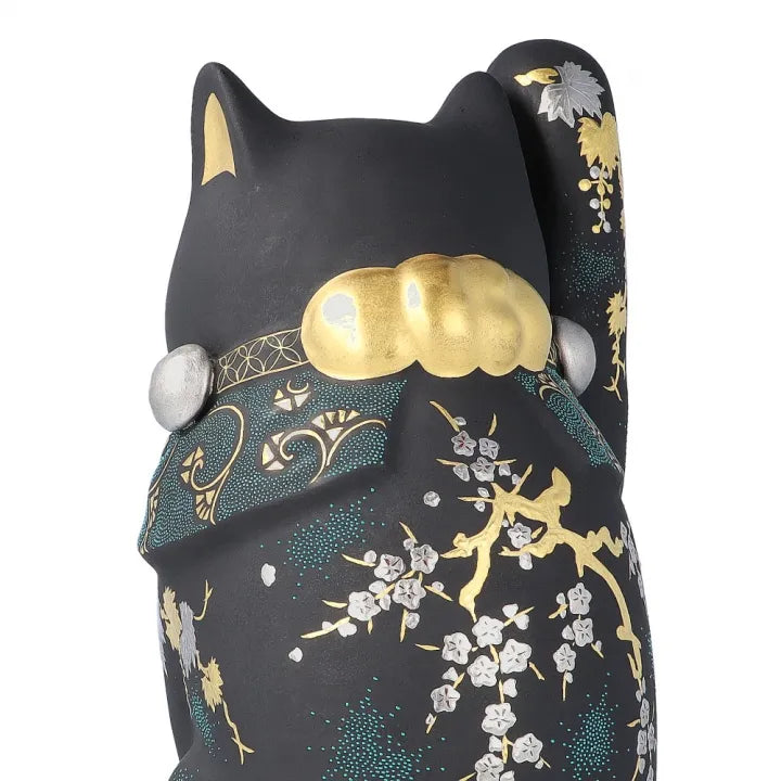 JAPANESE KUTANI WARE LUCKY CAT SHIROGANE-MORI GRAPE DESIGN WITH AOCHIBU /KINGYOKU NAKADA