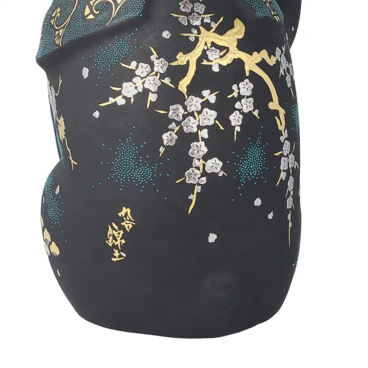 JAPANESE KUTANI WARE LUCKY CAT SHIROGANE-MORI GRAPE DESIGN WITH AOCHIBU /KINGYOKU NAKADA