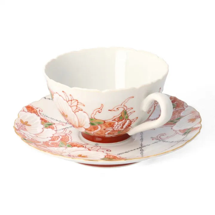 KUTANI WARE MANYOSHU WAKA POEM AKA-E CUP & SAUCER / SEITO TAMURA