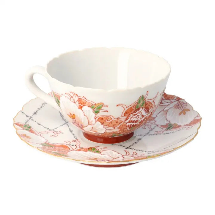 KUTANI WARE MANYOSHU WAKA POEM AKA-E CUP & SAUCER / SEITO TAMURA