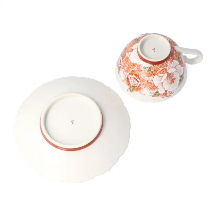 KUTANI WARE MANYOSHU WAKA POEM AKA-E CUP & SAUCER / SEITO TAMURA