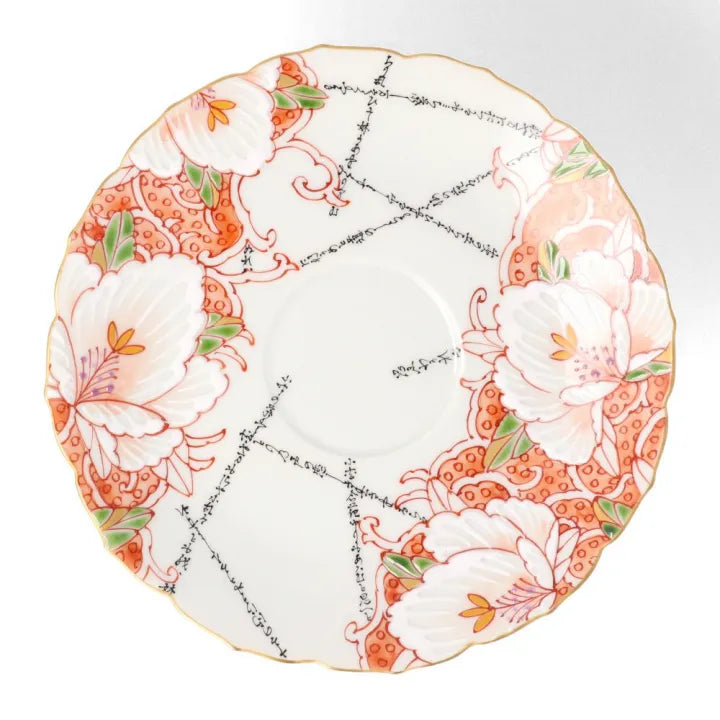 KUTANI WARE MANYOSHU WAKA POEM AKA-E CUP & SAUCER / SEITO TAMURA