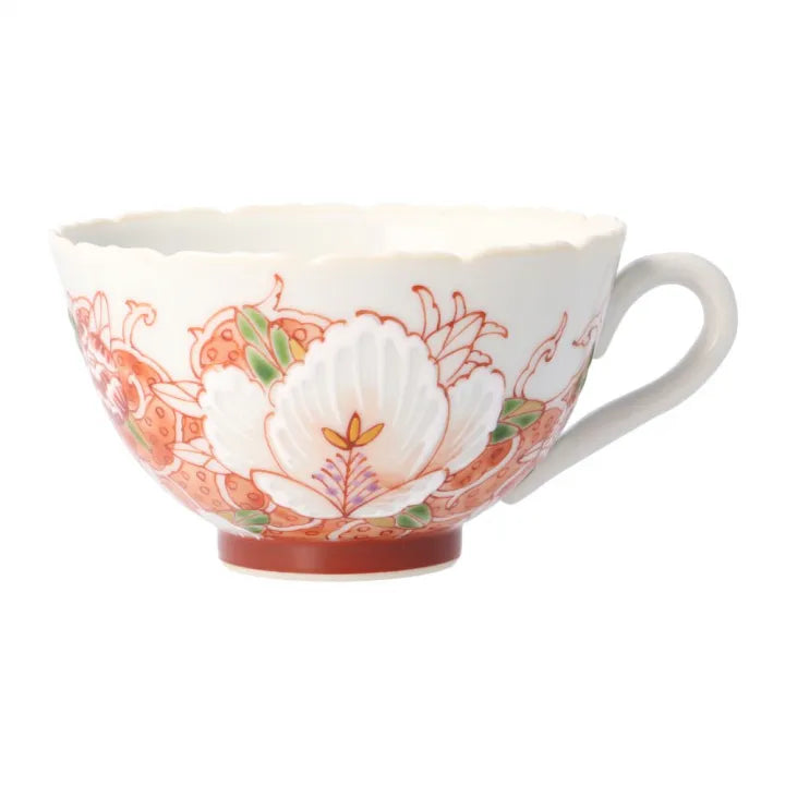 KUTANI WARE MANYOSHU WAKA POEM AKA-E CUP & SAUCER / SEITO TAMURA