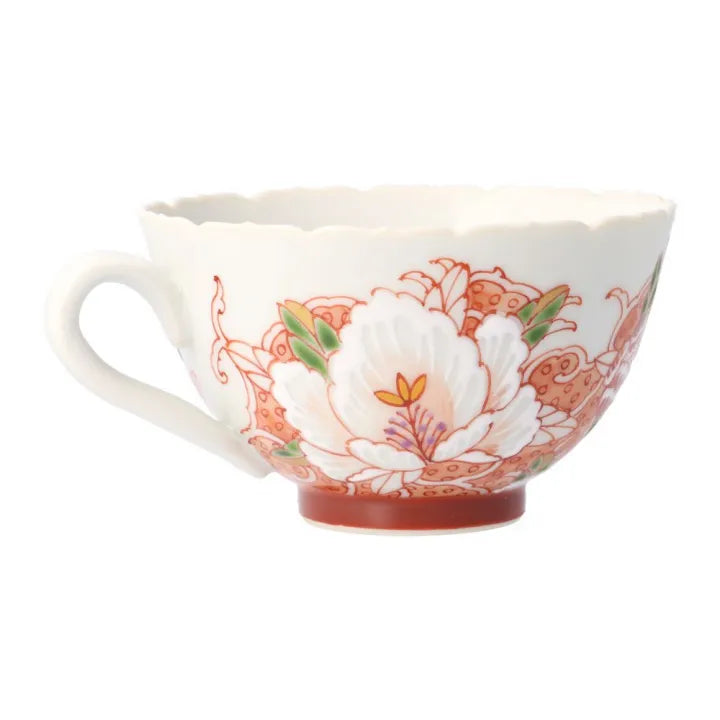 KUTANI WARE MANYOSHU WAKA POEM AKA-E CUP & SAUCER / SEITO TAMURA
